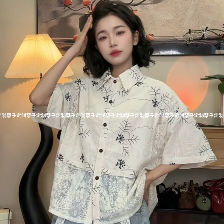 HZ “开枝散叶”夏季新款重工刺绣拼接蕾丝花边小众文艺感短袖衬衫