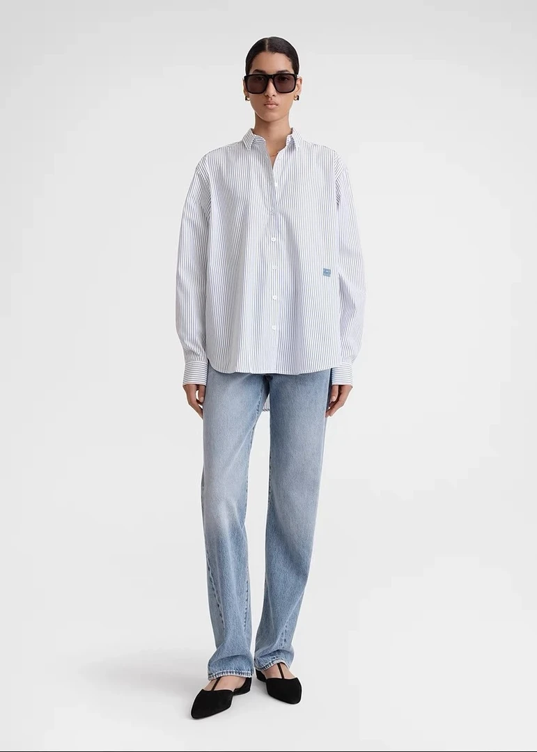 杰瑞【利落造型】法式经典蓝白条纹棉府绸挺括A字长袖衬衫上衣