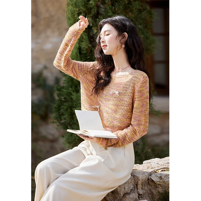 谜秀新品油画粉针织套装女吊带外衫两件套镂空肌理感显瘦短款减龄