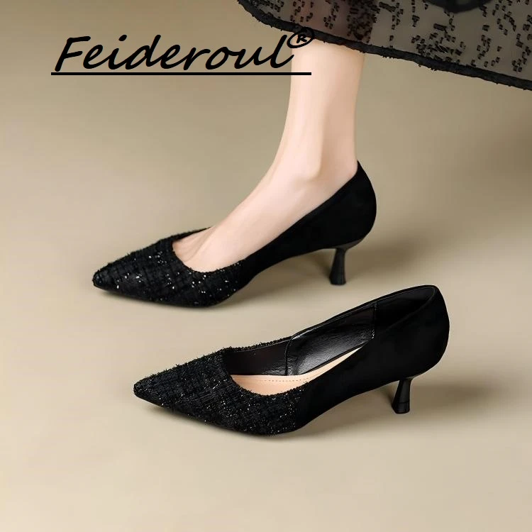 Feideroul不累脚高跟细跟黑色绒面拼接尖头软面防滑上班工作单鞋