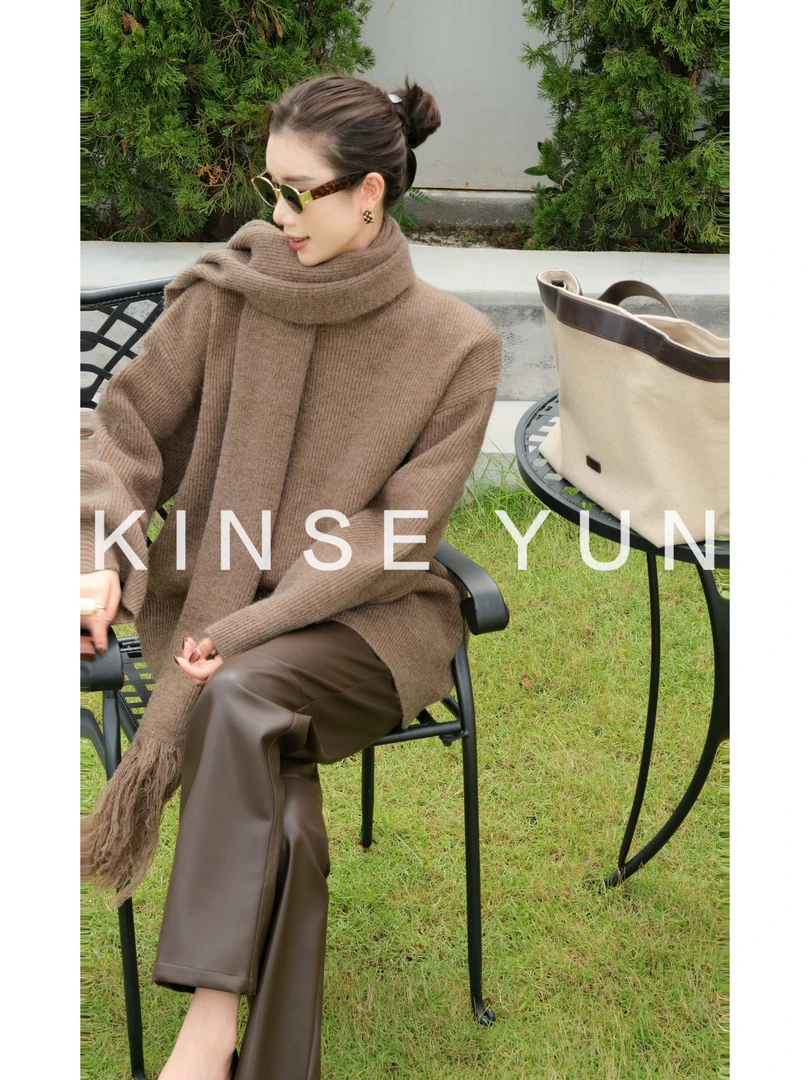 KINSE YUN 『氛围感毛衣』慵懒氛围感宽松围巾圆领毛衣两件套QD7663