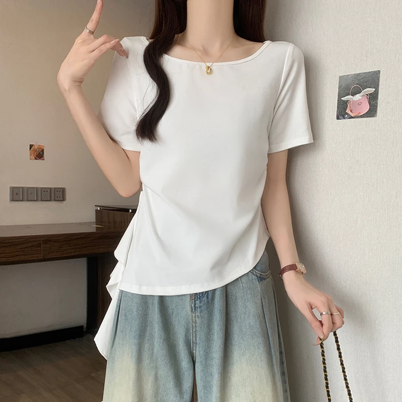 微胖妹妹2025夏季设计感荷叶边收腰短袖T恤大码遮肉显瘦遮肚上衣