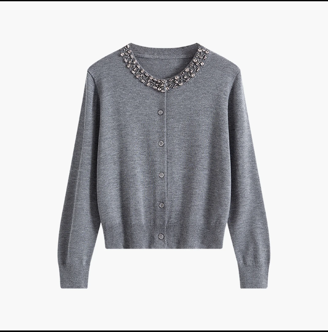 【格雷恋人】桑蚕丝上衣女2024格雷系针织重工镶钻气质女装长袖