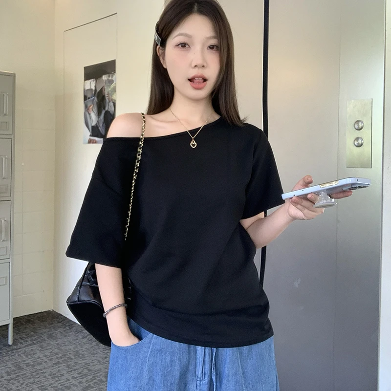大码女装遮肉显瘦斜肩不规则T恤夏季胖MM宽松遮肚子百搭纯色上衣