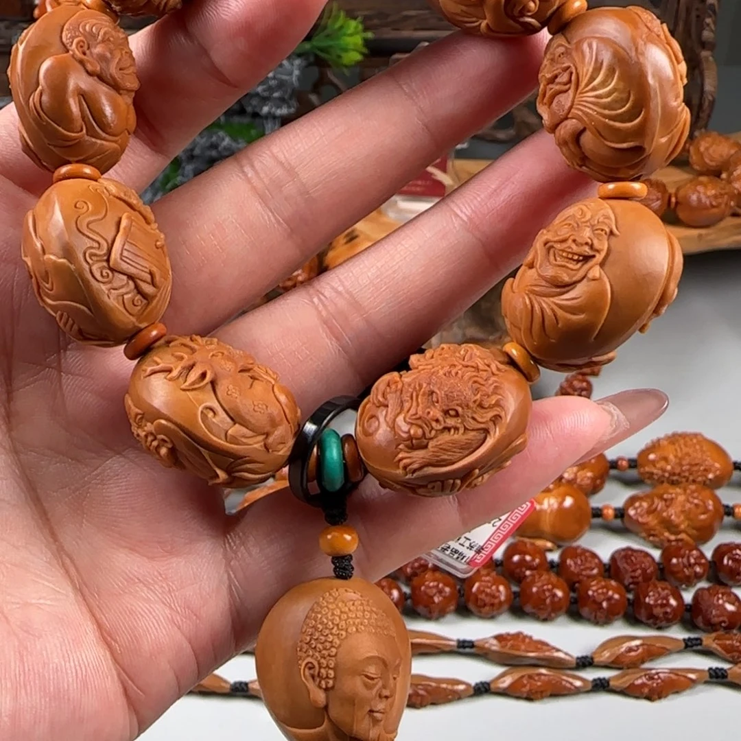 橄榄核手串/手链宽2.1老树铁核双面浮雕十八罗汉手串