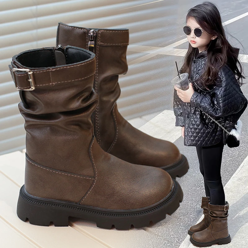 小黄鸭荣耀女童靴子2025秋冬新款复古堆堆中筒靴骑士靴儿童马丁靴