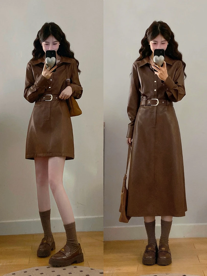 大码女装布鲁棕咖色皮衣连衣裙胖MM藏肉显瘦收腰皮裙女复古