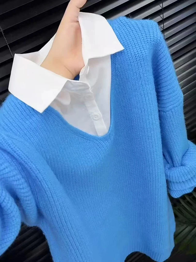 糖果色假两件设计感针织衫女秋季新款衬衫领拼接时尚显瘦毛衣上衣