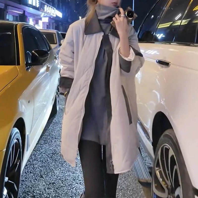 设计感撞色拼接翻领棉服女冬季高级感宽松菱形格夹棉保暖棉衣外套