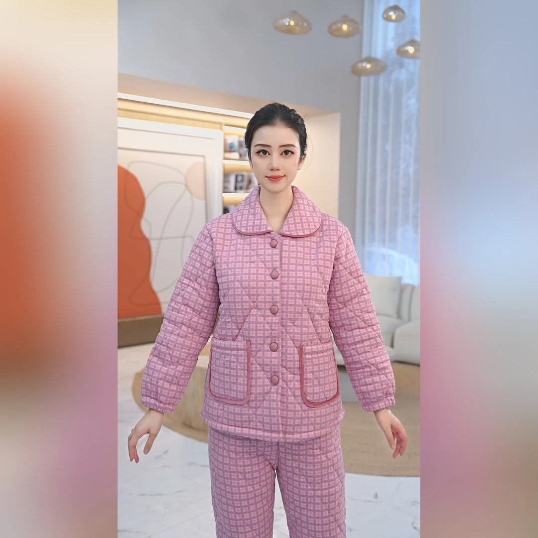 秋鹿针织印格夹棉翻领女套加厚保暖秋冬季家居服