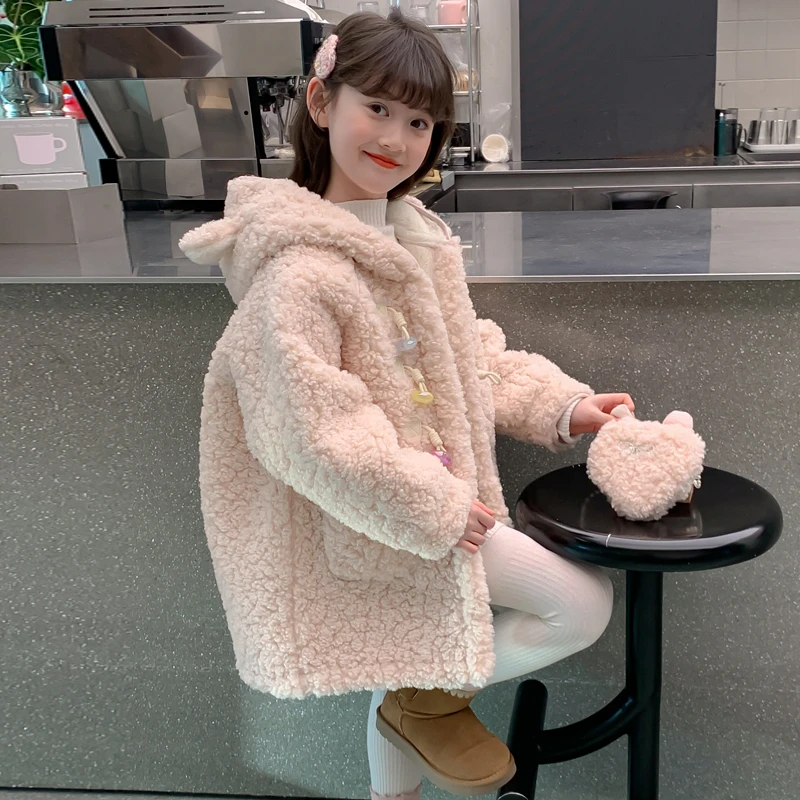 女童秋冬装外套2025新款儿童甜美女孩冬季羊羔加绒加厚中长款大衣