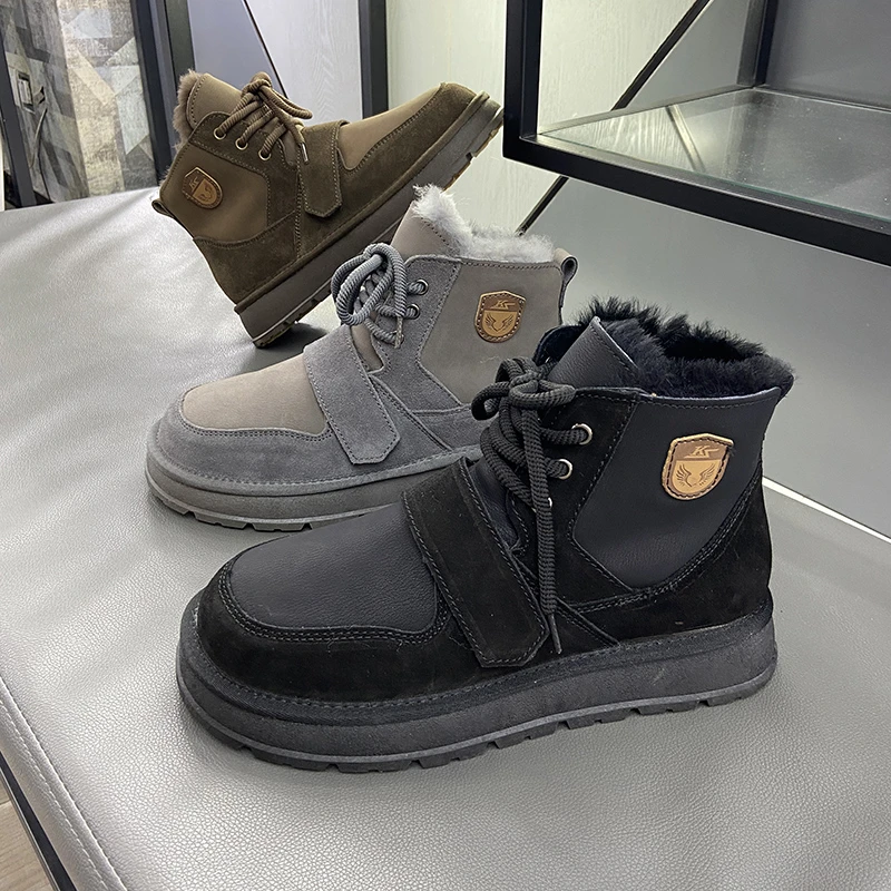 2025冬季男士雪地靴小丑鞋魔术贴真皮羊毛高帮马丁靴保暖厚底棉鞋