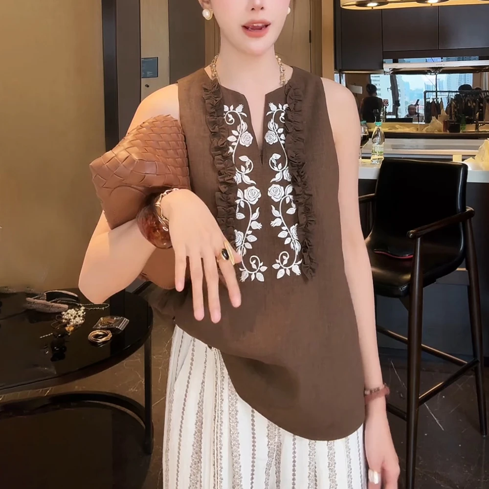 碎花无袖V领亚麻衬衫女士夏季设计感时尚减龄洋气木耳边背心上衣