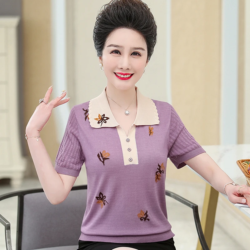 新款时尚妈妈冰丝短袖T恤翻领小衫洋气40-50岁中老年女装上衣