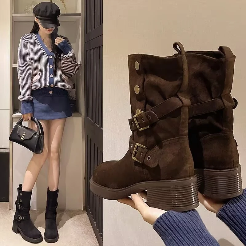 复古时尚简约马丁靴女士2025秋季新款不过膝两穿西部短靴百搭靴子