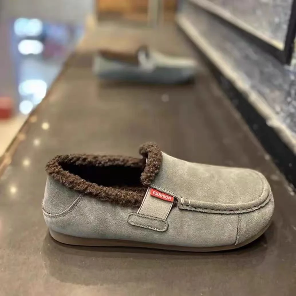 2025冬季新款休闲乐福鞋男加棉保暖一脚蹬豆豆鞋男款百搭软底鞋子