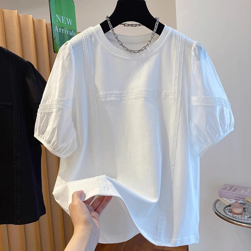 夏季纯色新款高级感宽松T恤女泡泡袖设计感显瘦文艺百搭ins风上衣