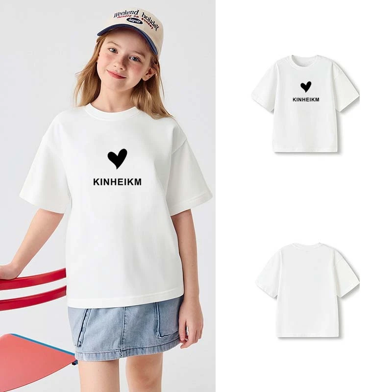 白色女童中大童t恤爱心印花短袖T恤宽松上衣时尚简约儿童夏季半袖