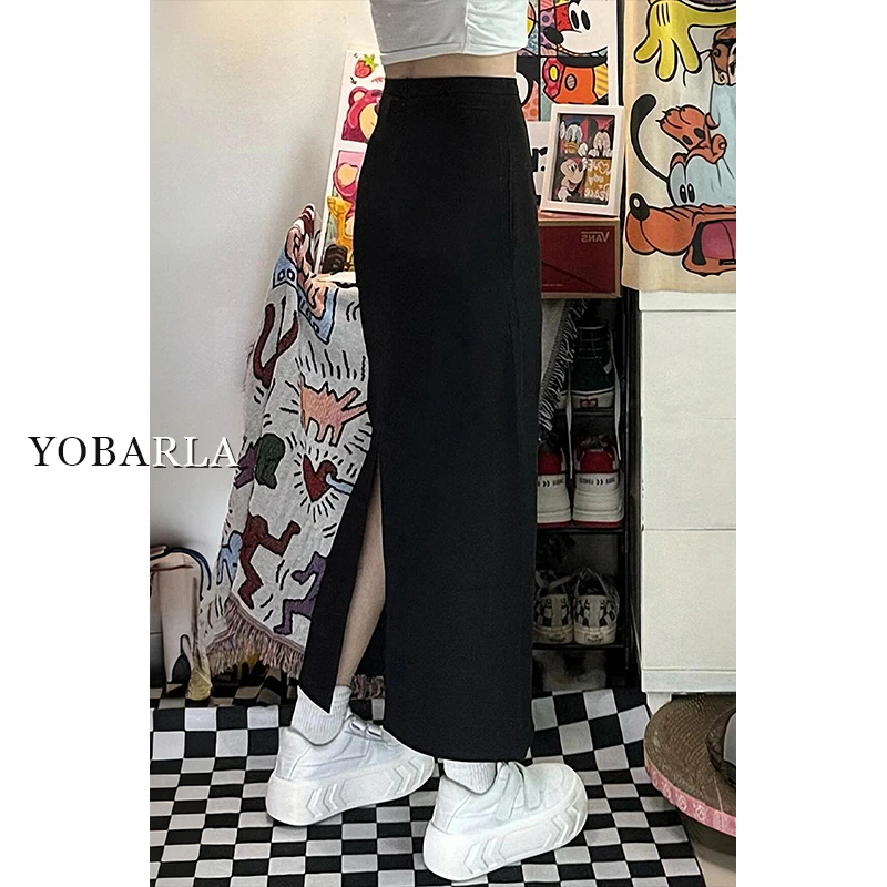 【新年宠粉】黑色西装开叉半身裙女秋季大码遮肚显瘦a字裙YBL-3013