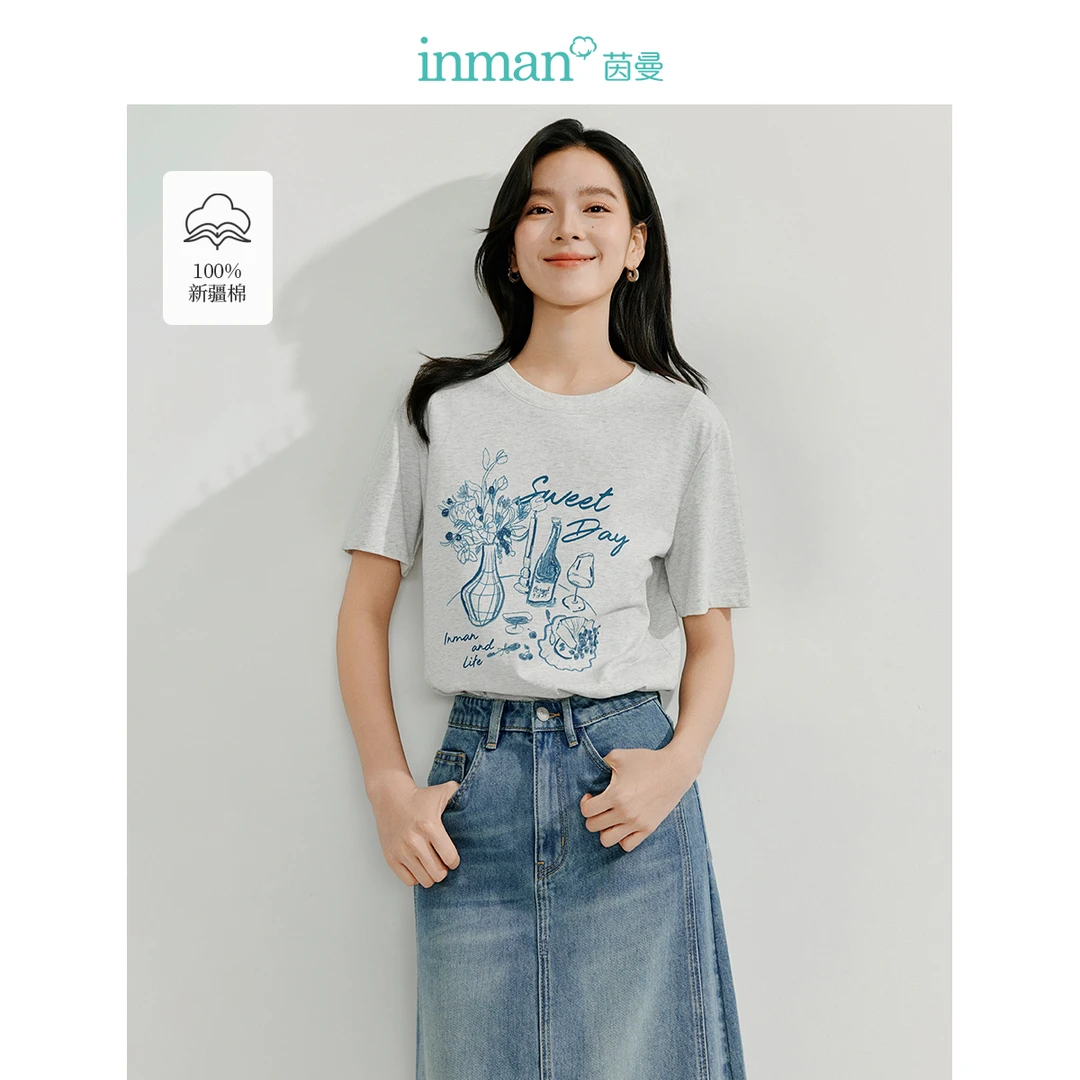 【欧若精灵风】茵曼法式纯棉印花圆领T恤夏季休闲百搭宽松短袖上衣