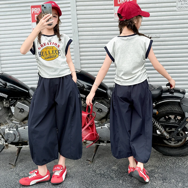 女大童夏装套装2025新款女童洋气薄款无袖抽绳短袖夏季短裙两件套