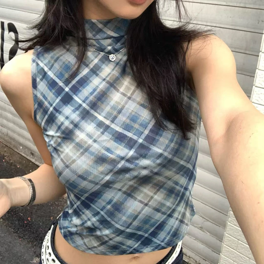 Pp【现货售完不补】白茶复古格纹夏季辣妹设计背心打底上衣女S25211