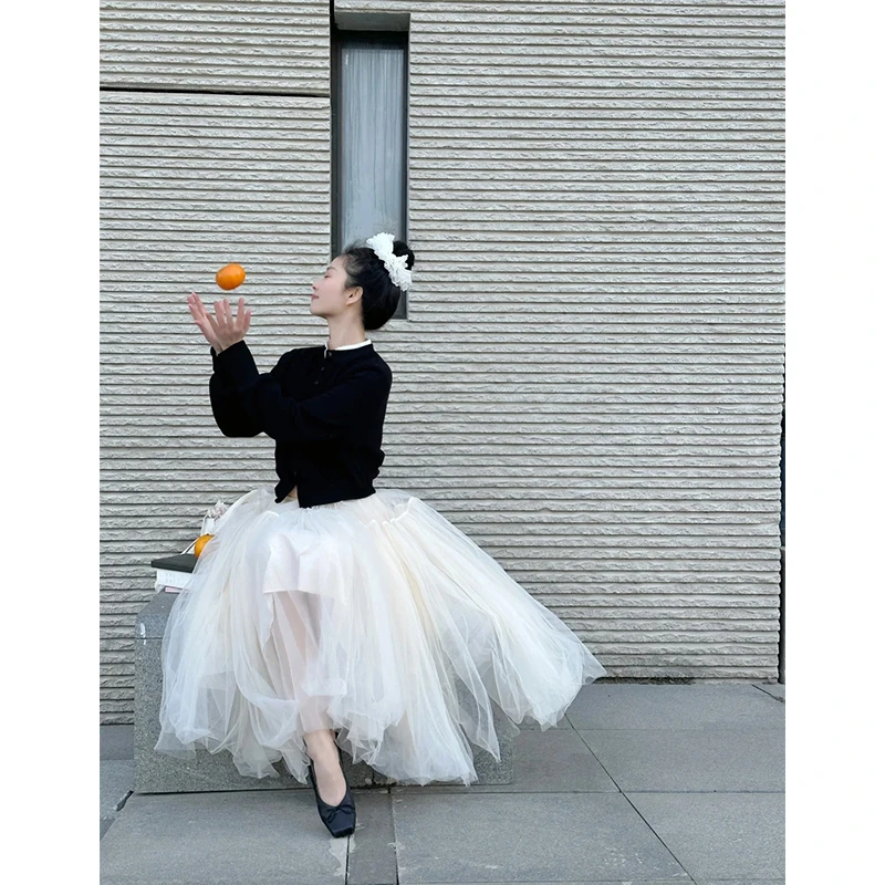 2025秋冬新款轻熟风气质时尚显瘦长袖针织开衫高腰百搭蓬蓬纱裙女