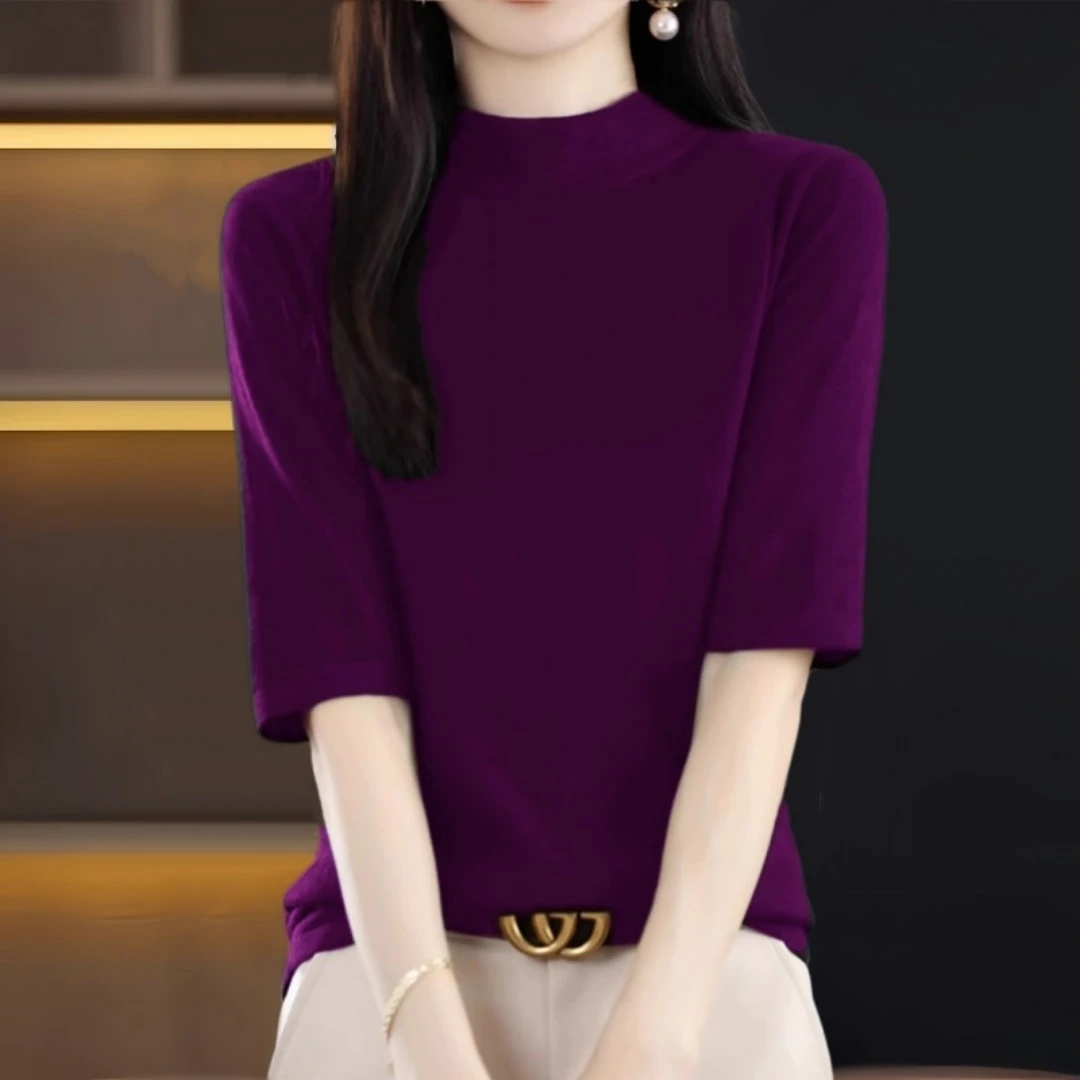 欧洲站中袖半高领针织衫春秋2025毛衣百搭五分袖宽松打底衫女上衣