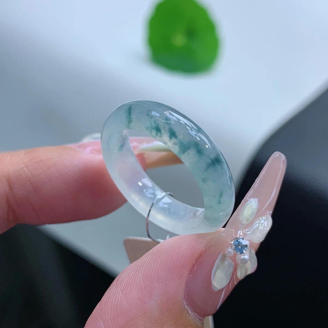 14-15号 缅甸天然A货 冰种飘蓝花翡翠戒指指环 内径17.1-5.6-3.5