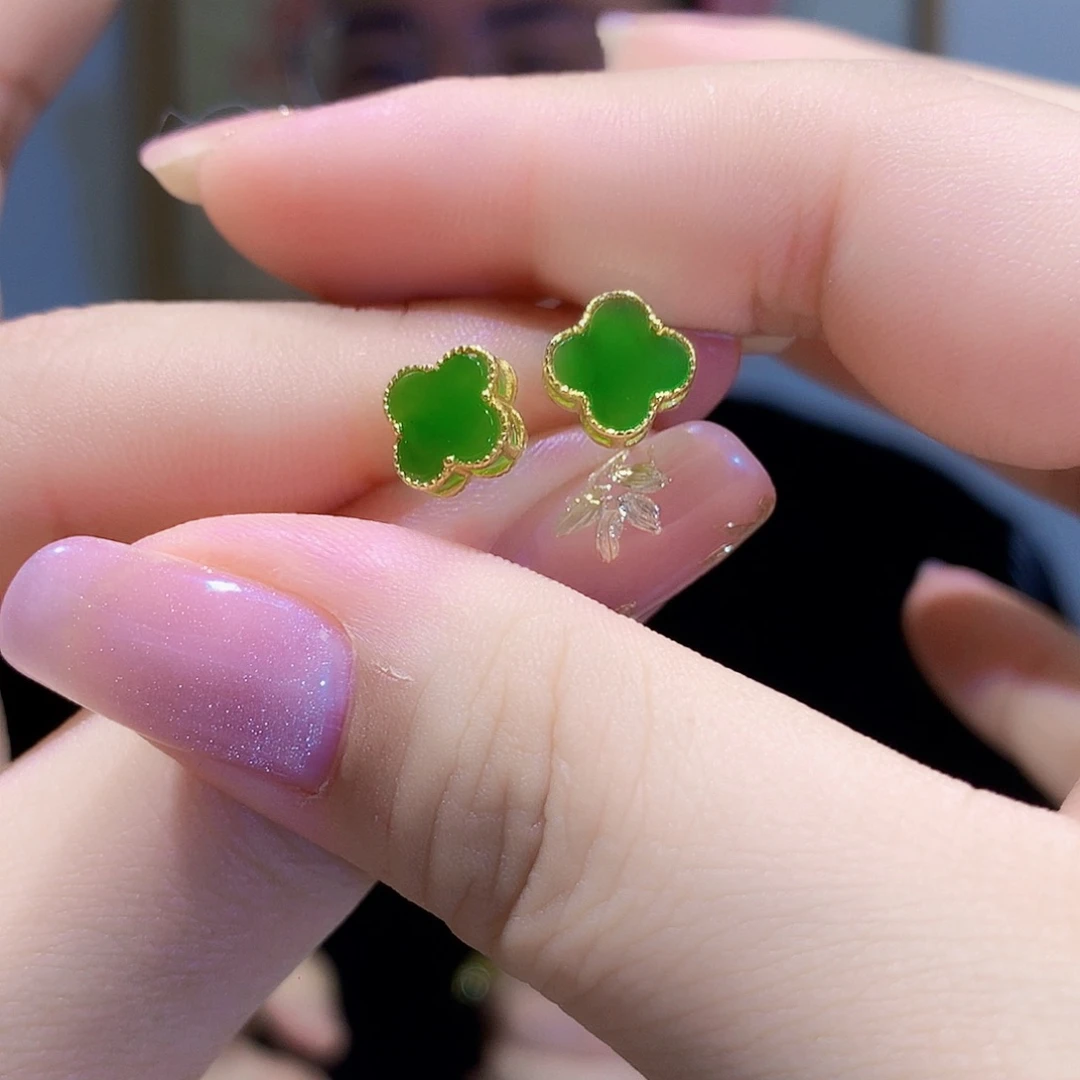 和田玉（碧玉）耳饰银S925镀金镶嵌