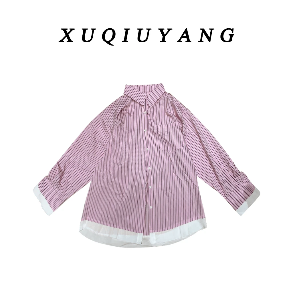 徐秋阳  粉色玩家  粉色条纹休闲时尚衬衣7010