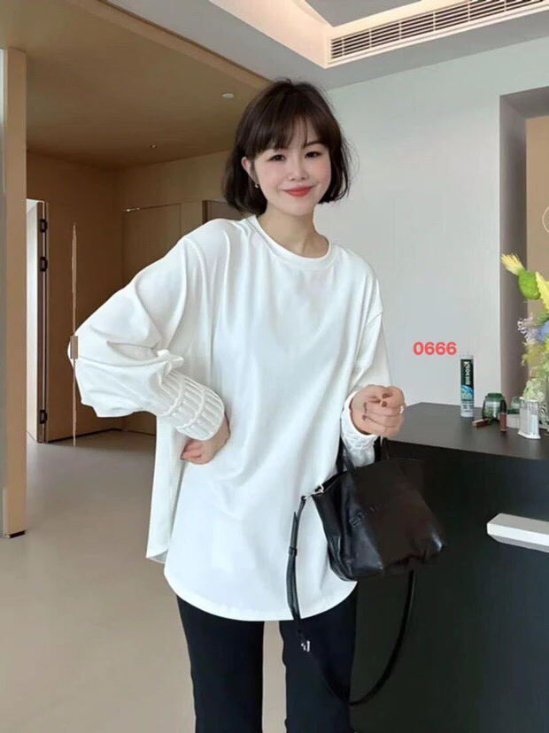 0666通勤长袖纯色圆领T恤宽松百搭外穿中长款显瘦