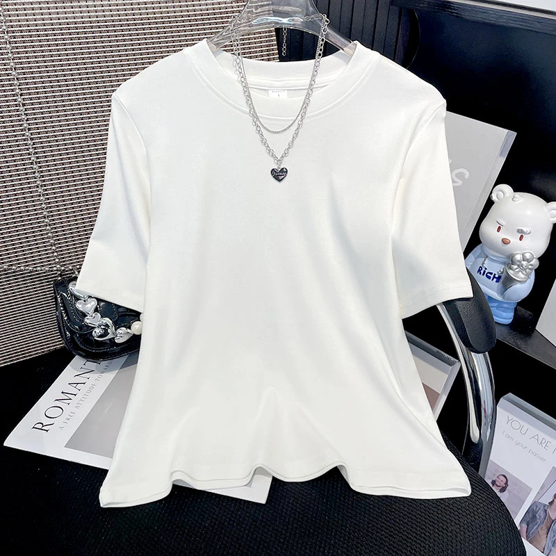 早春超显身材辣洋气中袖大码打底衫半袖正肩T恤女五分袖白色上衣