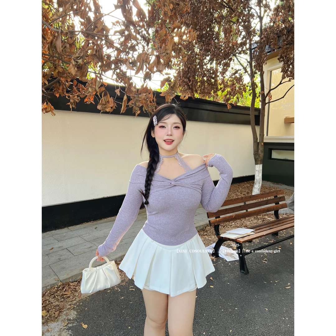 CD.soul【芋泥泡芙】大码微胖挂脖针织衫女甜辣蕾丝短款露肩上衣女