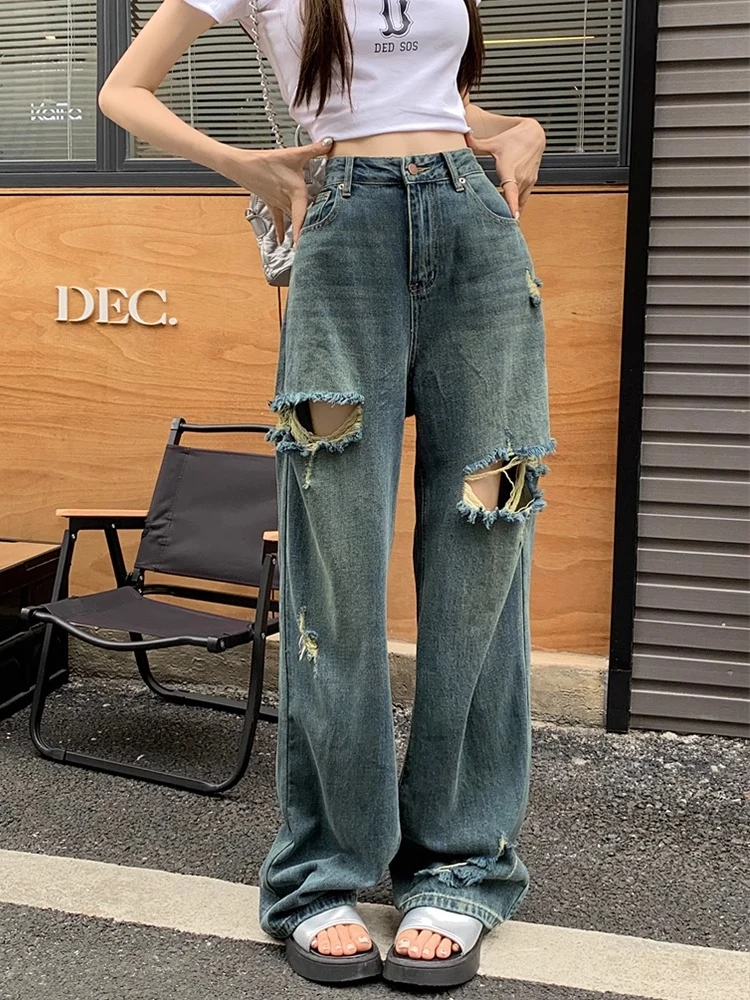 辣妹破洞牛仔裤女夏大码复古高腰直筒显瘦宽松梨形身材阔腿拖地裤
