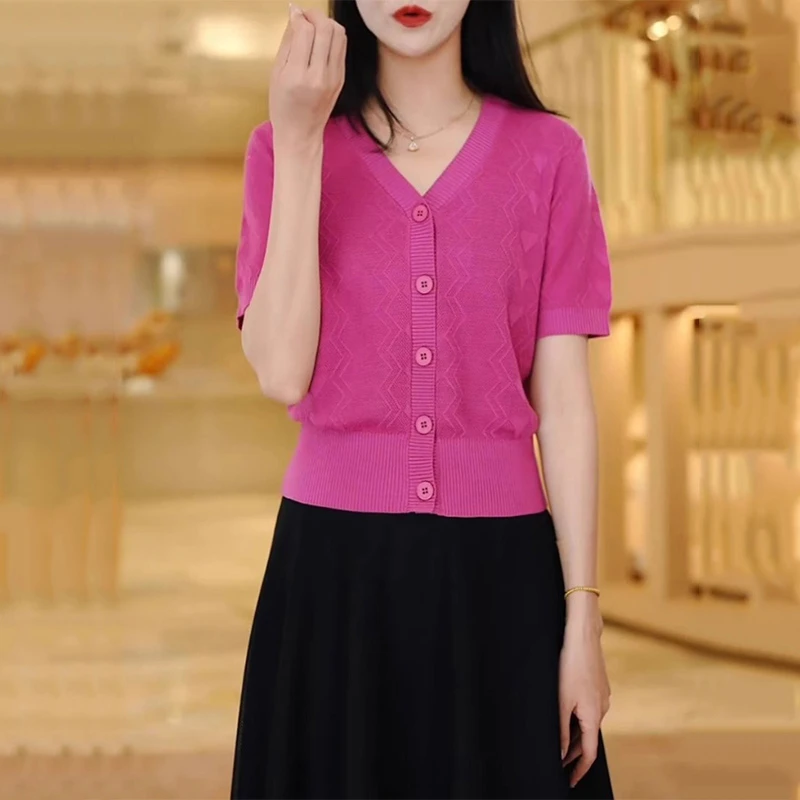 夏季新款冰丝针织衫女短袖V领上衣宽松洋气减龄气质百搭玫红上衣