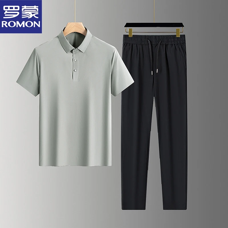 罗蒙新款高级短袖休闲运动套装男士夏季polo衫长裤帅气搭配爸爸装