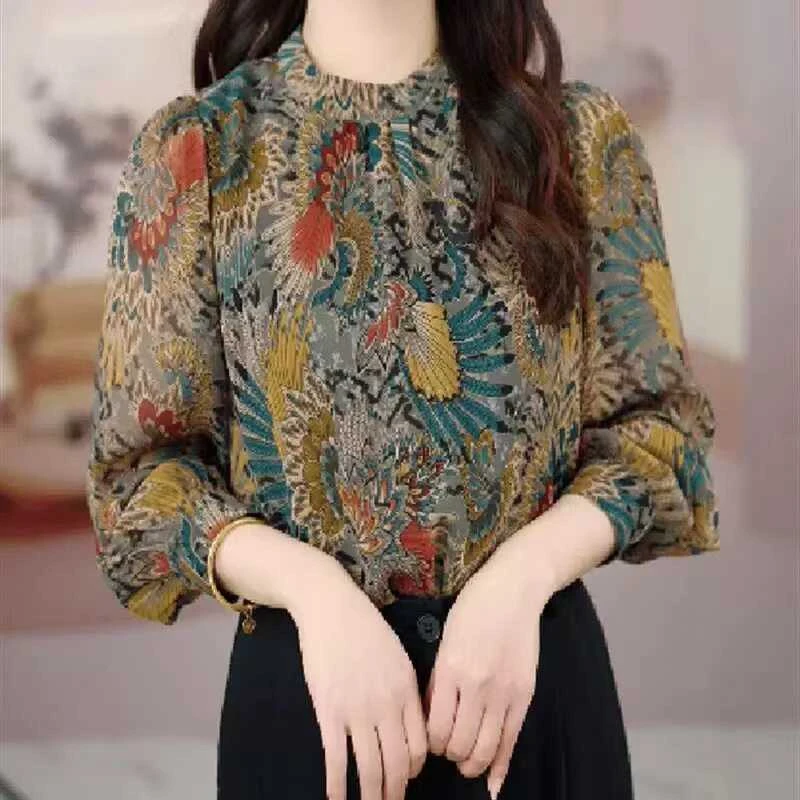 中年妈妈印花常规碎花宽松型套头雪纺衫显瘦时尚小衫长袖百搭打底