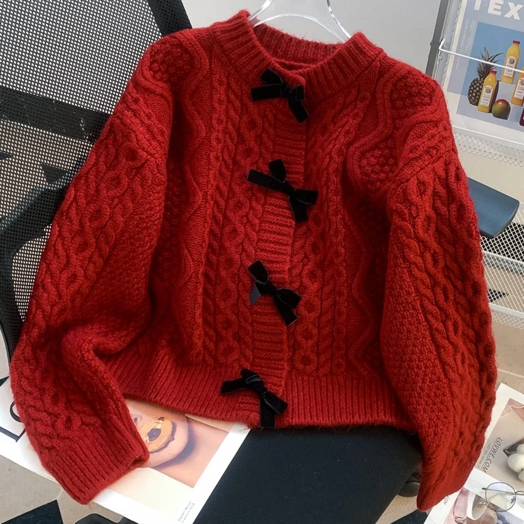 2024新款洋气本命年红色开衫新年漂亮别致蝴蝶结开衫毛衣女外套女