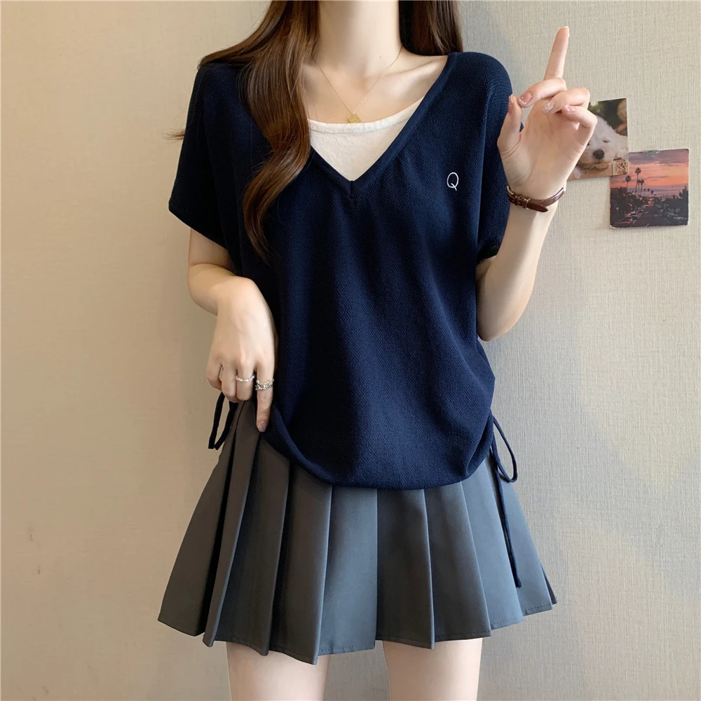 大码女装遮肚子假两件短袖针织衫女夏季胖妹妹设计感百搭冰丝上衣