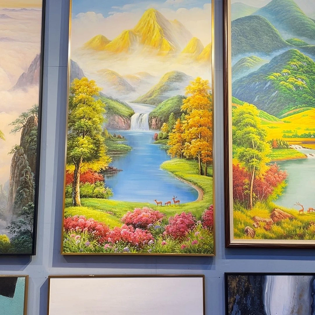 油画160X80金框。金山聚宝盆