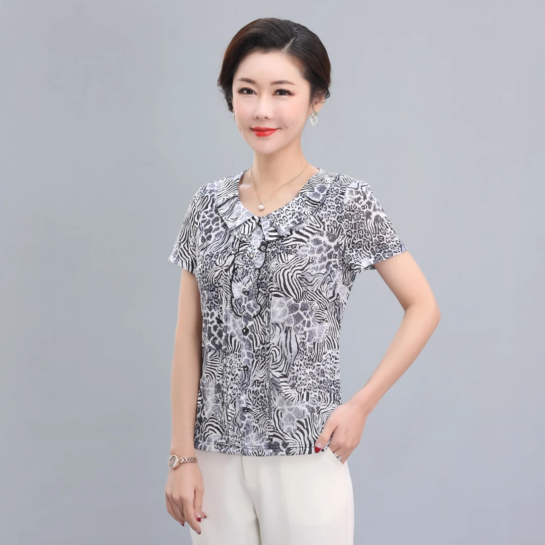 锦纶弹力网纱小衫中老年女装夏装短袖T恤套头中年妇女衣服洋气妈