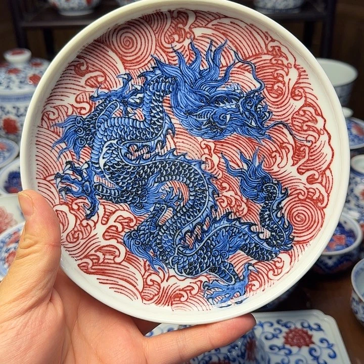 青花釉里红龙纹壶承