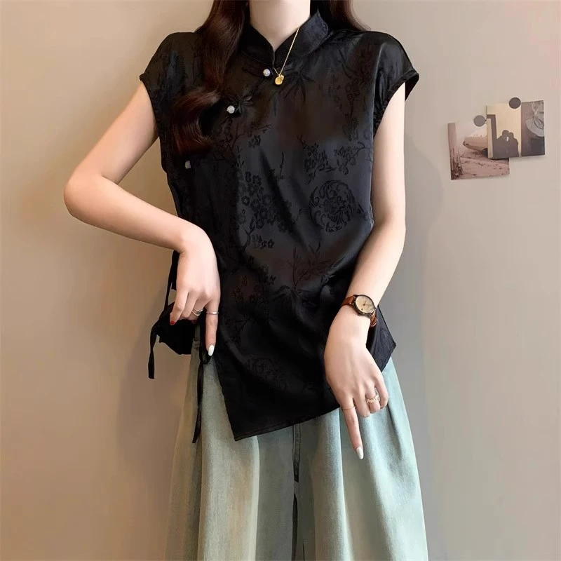 复古缎面短袖衬衫女2025夏季大码胖mm新中式国风巨显瘦遮肚子上衣