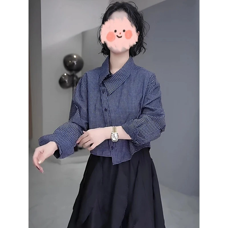 韩版不规则斜襟格子衬衫女2025早春爆款时髦减龄遮肉显瘦长袖上衣