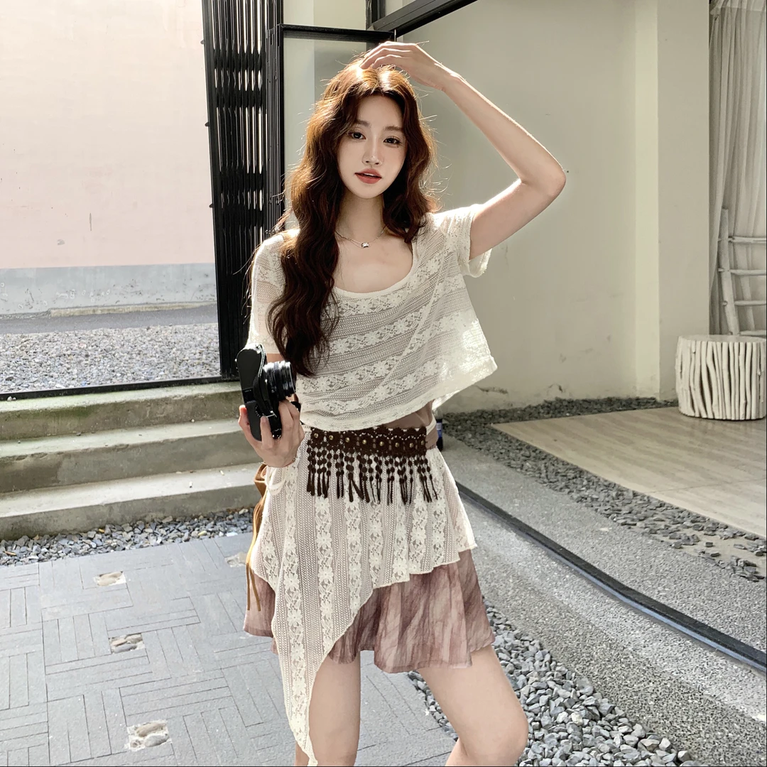 个性绝美条纹蕾丝罩衫套装裙女2025年夏季新款吊带半身短裙三件套