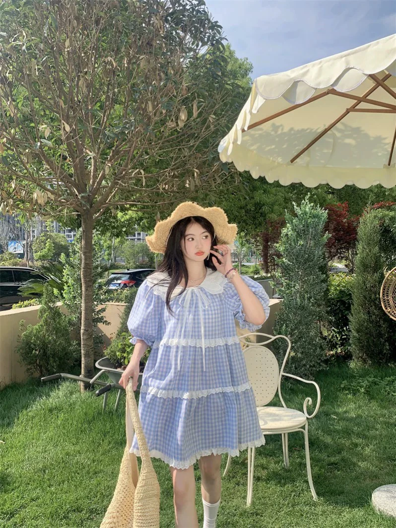 「小吴家」韩系甜美减龄木耳边连衣裙女2025新款泡泡袖格子宽松短裙