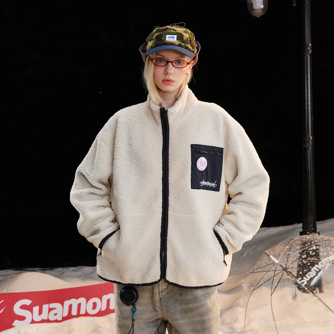 SuaMoment口袋徽章爱心羊羔绒棉服外套男女秋冬宽松保暖加厚棉衣