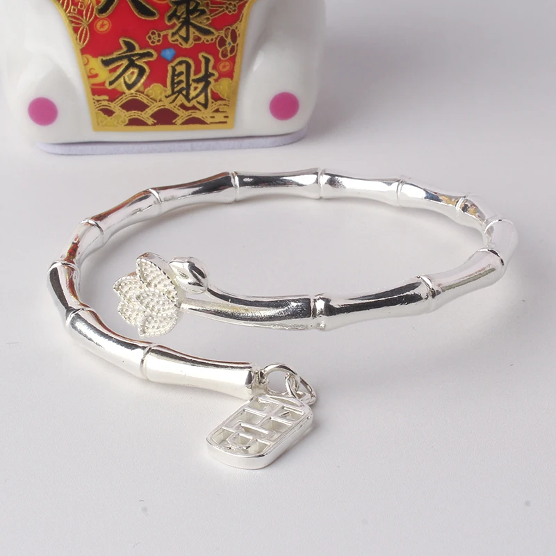 足银手镯 30号链接【平安竹莲】足银999.9 发货带证书带礼盒