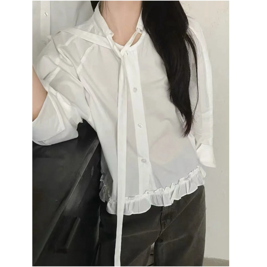 NEAT 十三行韩系飘带木耳边衬衫女2025秋新款泡泡袖甜美减龄上衣